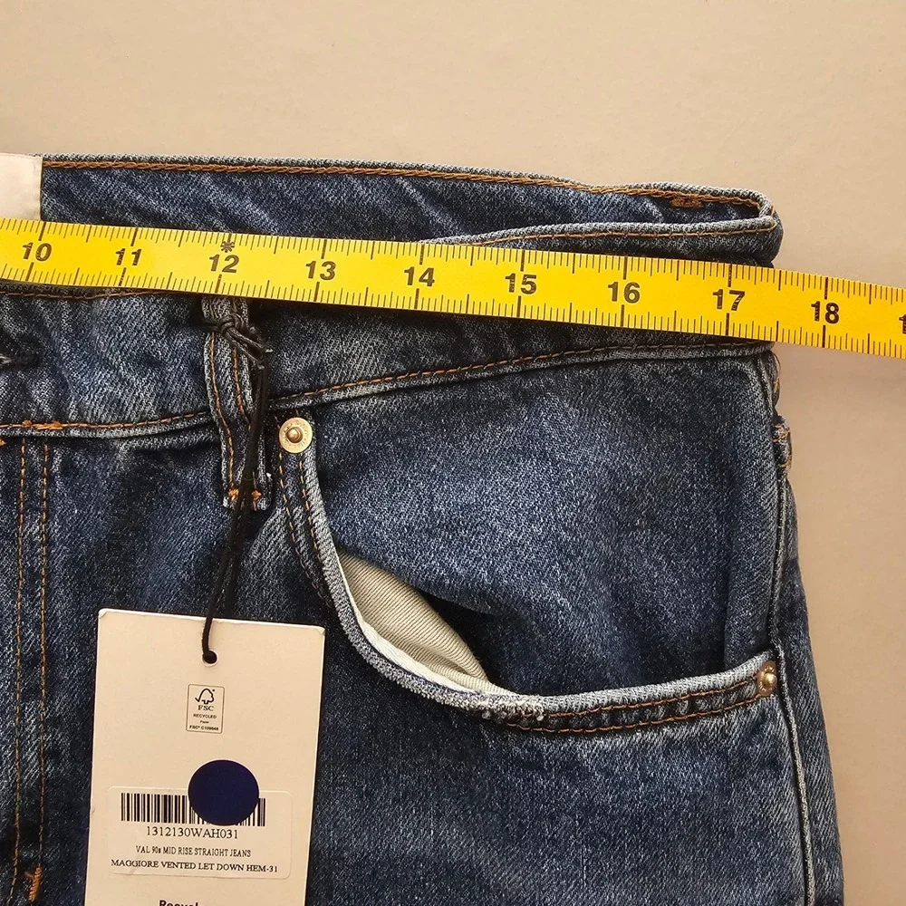 Reformation Val 90s Mid Rise Straight Jeans 31 Blue Vented Let Down Hem NWT